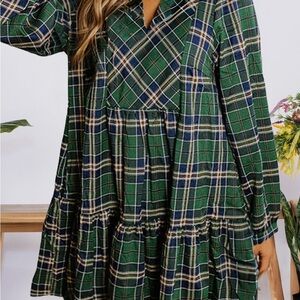 Elegant Green Plaid Long Sleeve Dress